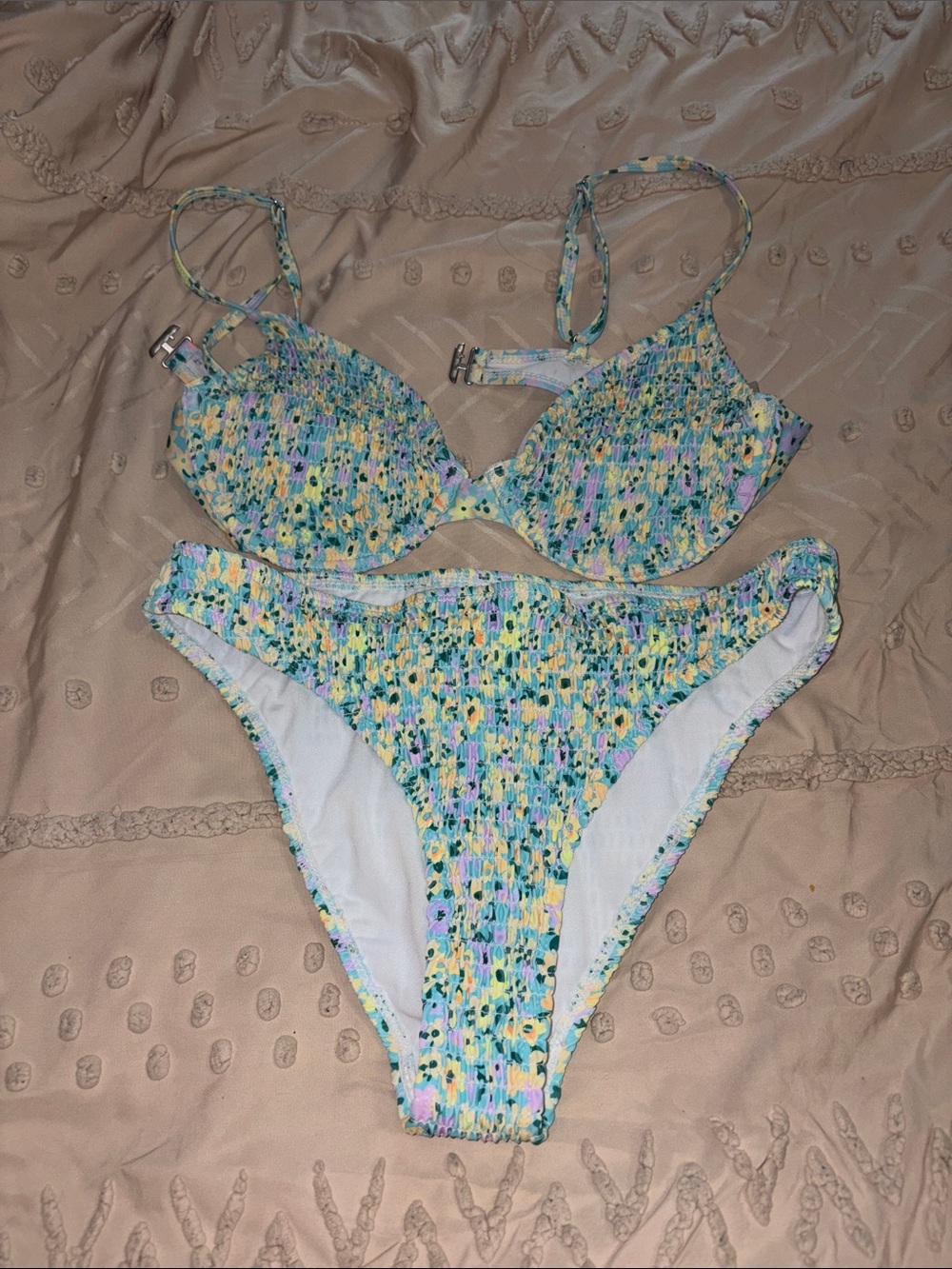 SHEIN Pastel Floral Smocked Bikini Set - Yellow, Blue, Green